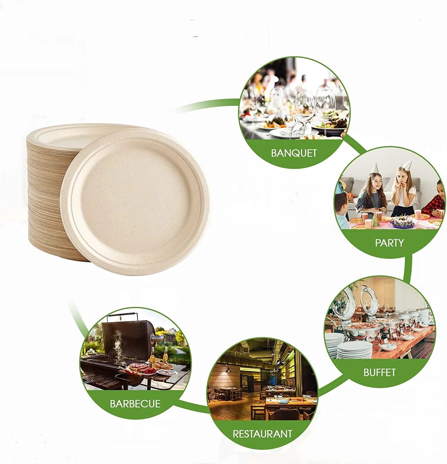 25–50 Pack Compostable Paper Plates – 9" & 7" Heavy-Duty Sugarcane Plates
