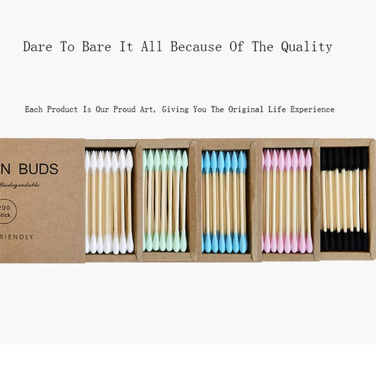 Bamboo Cotton Swabs – 2 Boxes (400 pcs) Biodegradable & Organic Double-Ended Ear Swabs