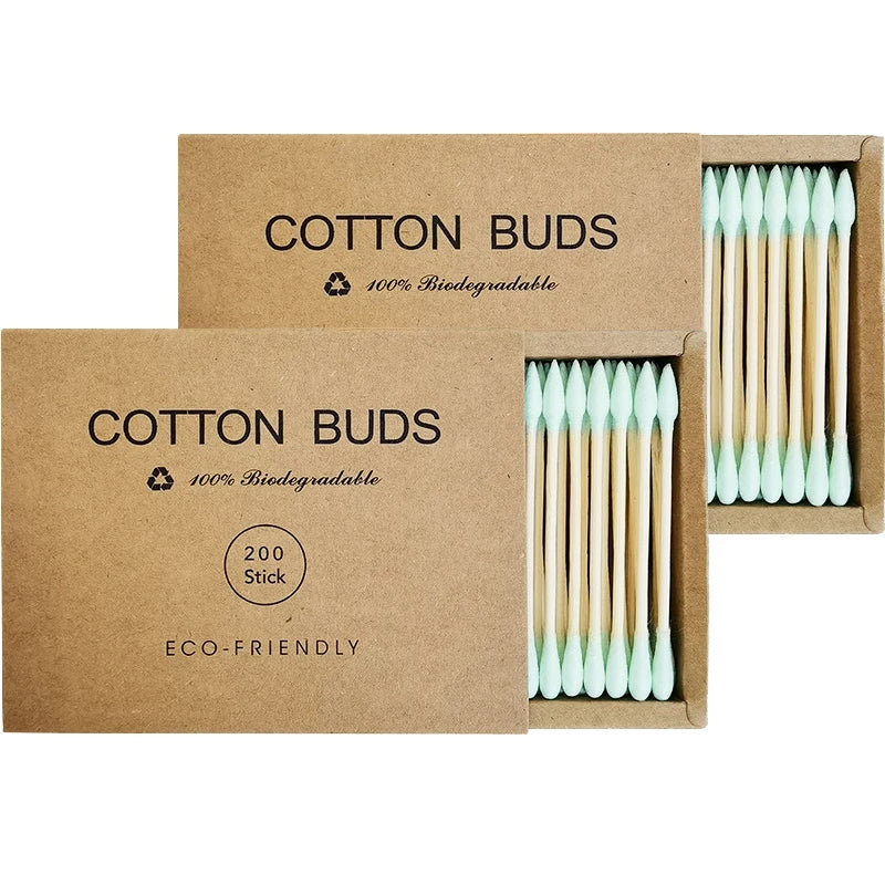 Bamboo Cotton Swabs – 2 Boxes (400 pcs) Biodegradable & Organic Double-Ended Ear Swabs