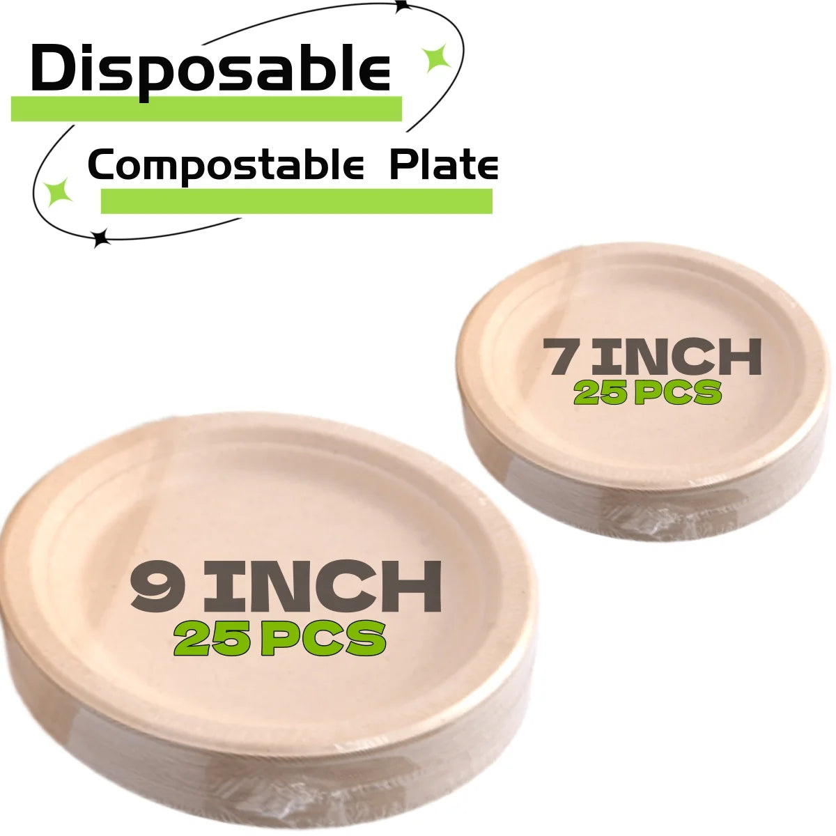 25–50 Pack Compostable Paper Plates – 9" & 7" Heavy-Duty Sugarcane Plates