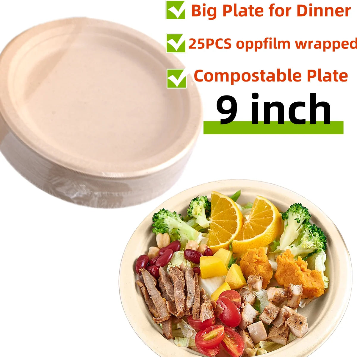 25–50 Pack Compostable Paper Plates – 9" & 7" Heavy-Duty Sugarcane Plates
