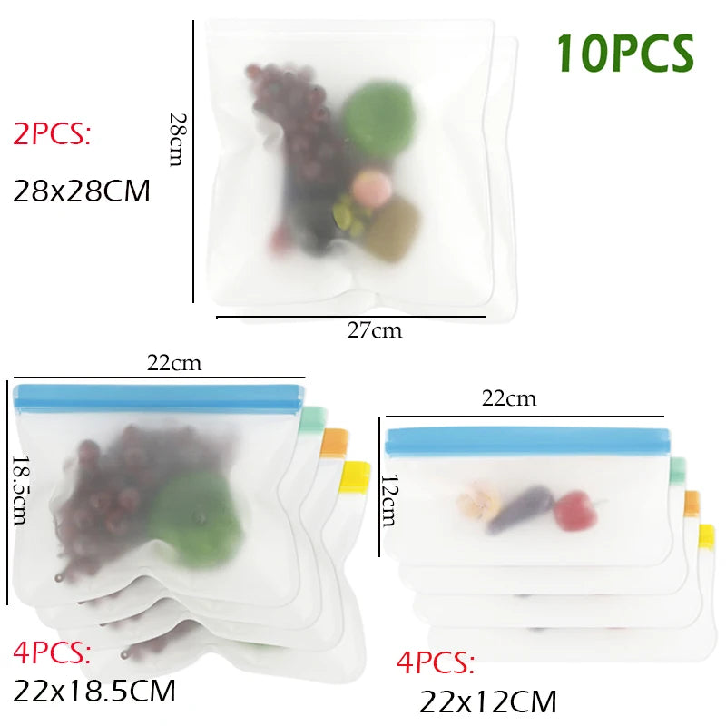 10pcs Reusable Silicone Food Storage Bags with Zip Seal
