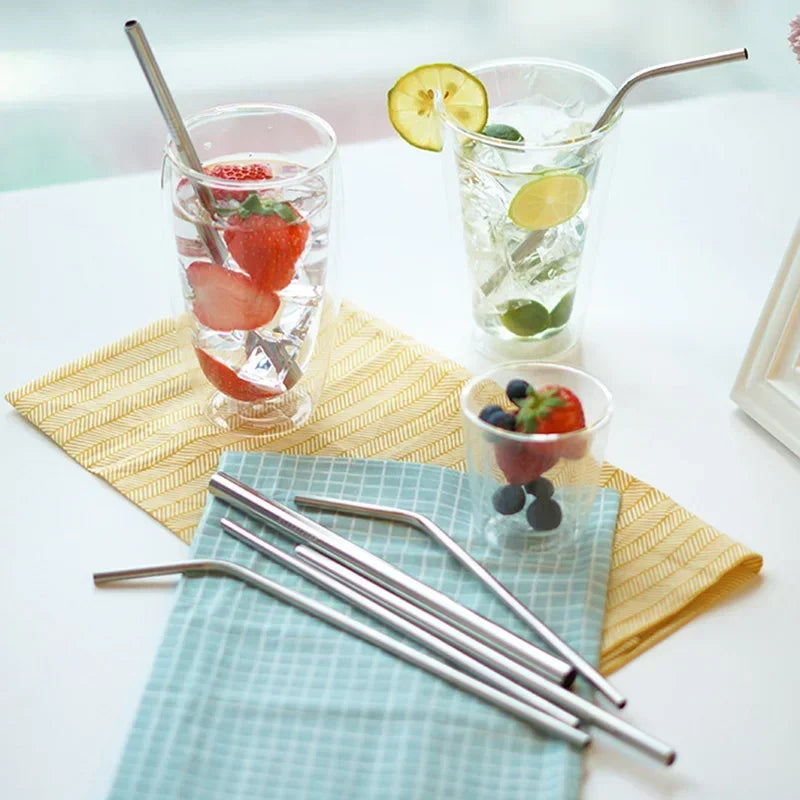 UPORS Reusable Stainless Steel Straws – Straight & Bent with Brush & Pouch