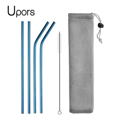 UPORS Reusable Stainless Steel Straws – Straight & Bent with Brush & Pouch