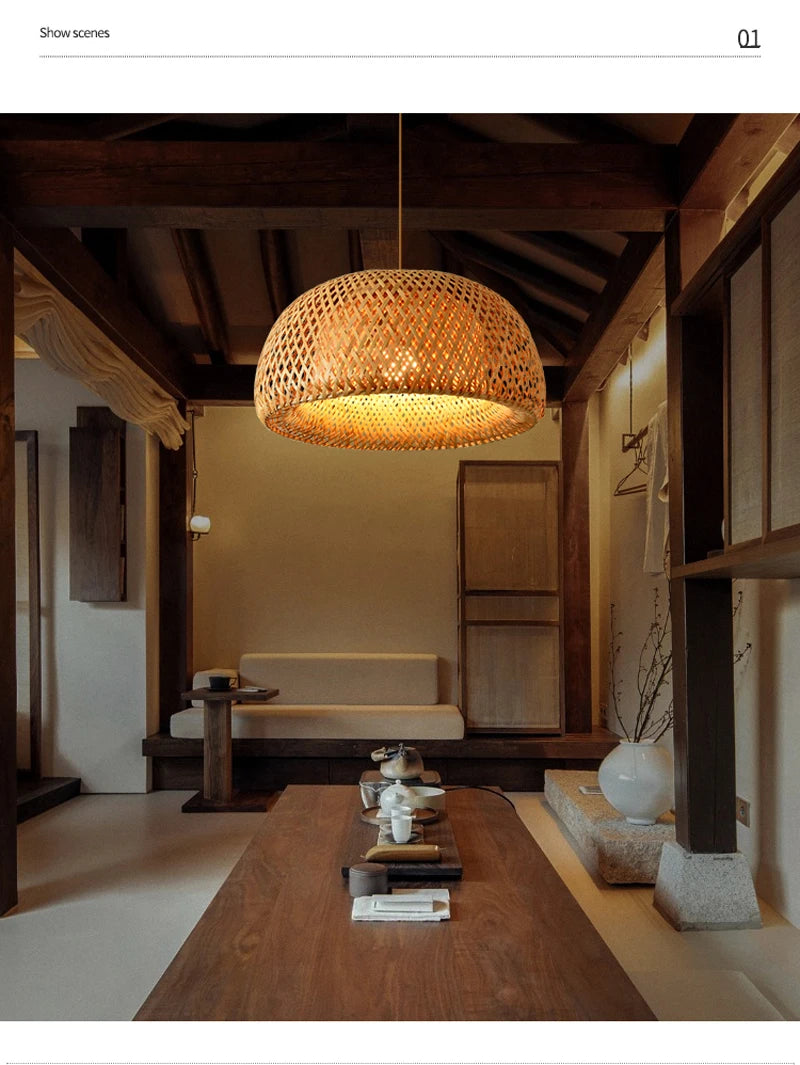 Bamboo Rattan Pendant Light – Handwoven Hanging Ceiling Lamp