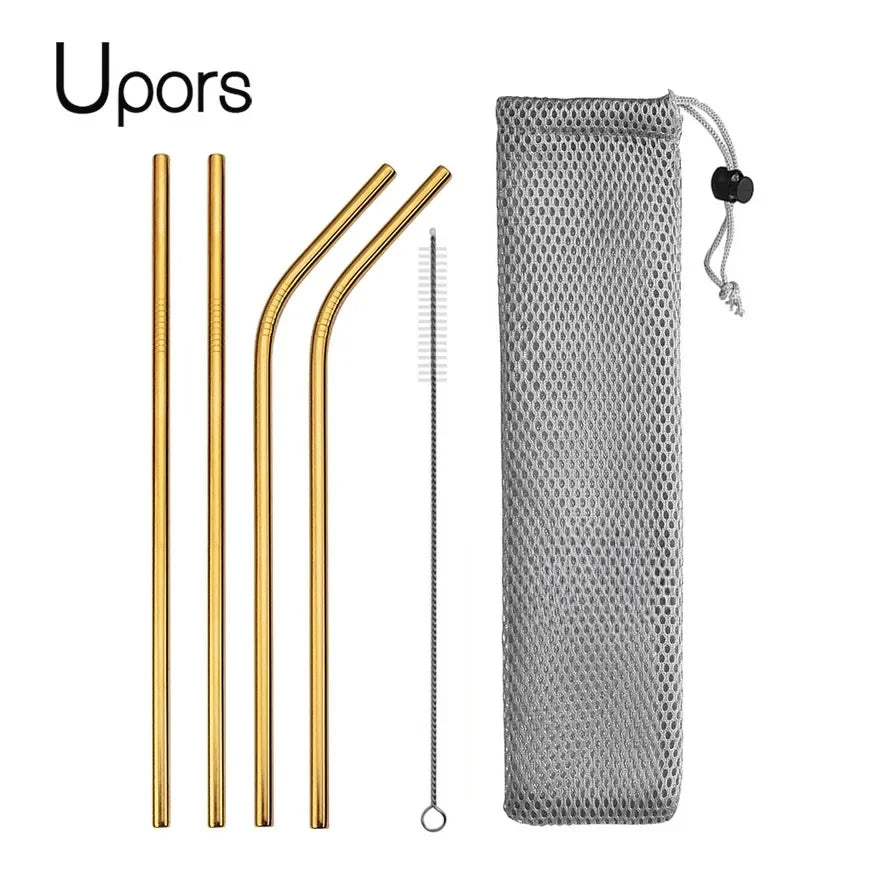 UPORS Reusable Stainless Steel Straws – Straight & Bent with Brush & Pouch