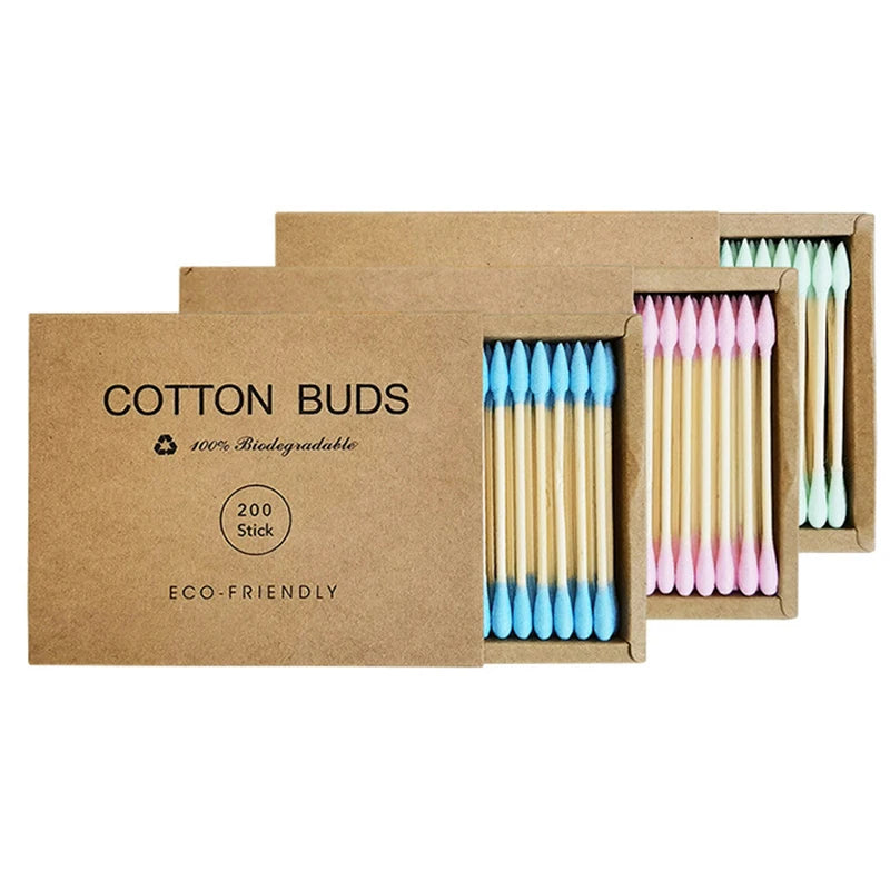 Bamboo Cotton Swabs – 2 Boxes (400 pcs) Biodegradable & Organic Double-Ended Ear Swabs