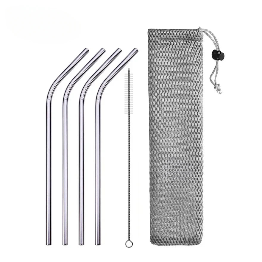 UPORS Reusable Stainless Steel Straws – Straight & Bent with Brush & Pouch