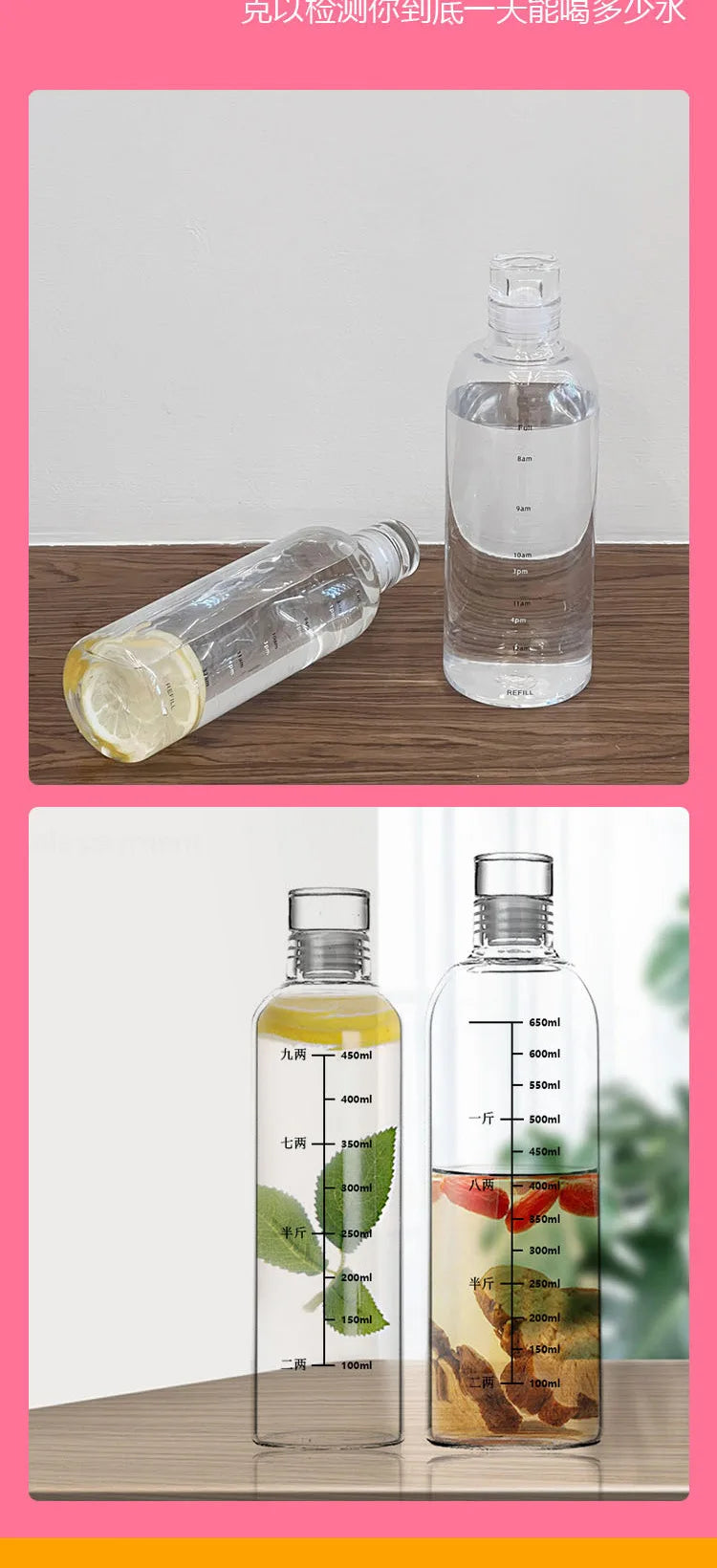 Large Capacity Glass Water Bottle with Time Marker