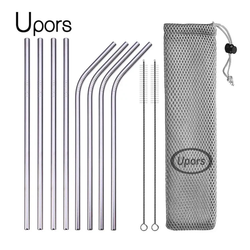 UPORS Reusable Stainless Steel Straws – Straight & Bent with Brush & Pouch