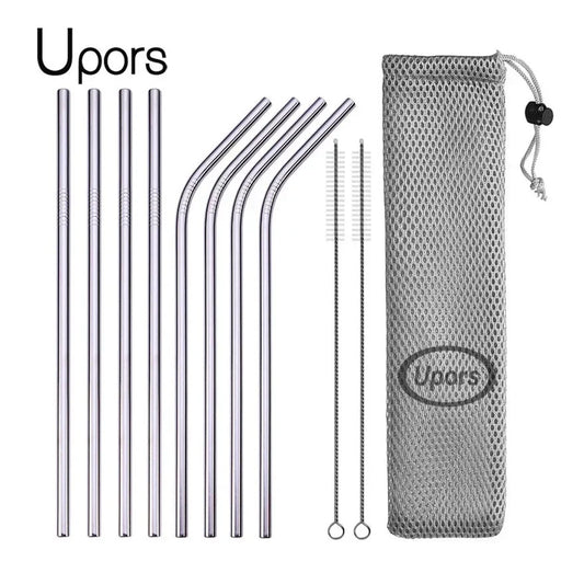 UPORS Reusable Stainless Steel Straws – Straight & Bent with Brush & Pouch