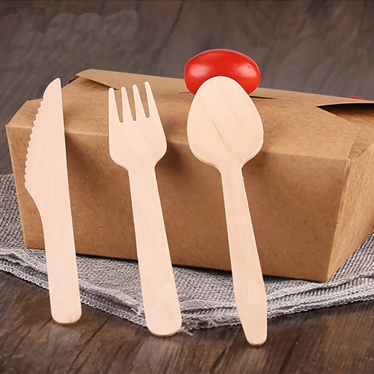 100pcs Disposable Wooden Spoons, Knives & Forks