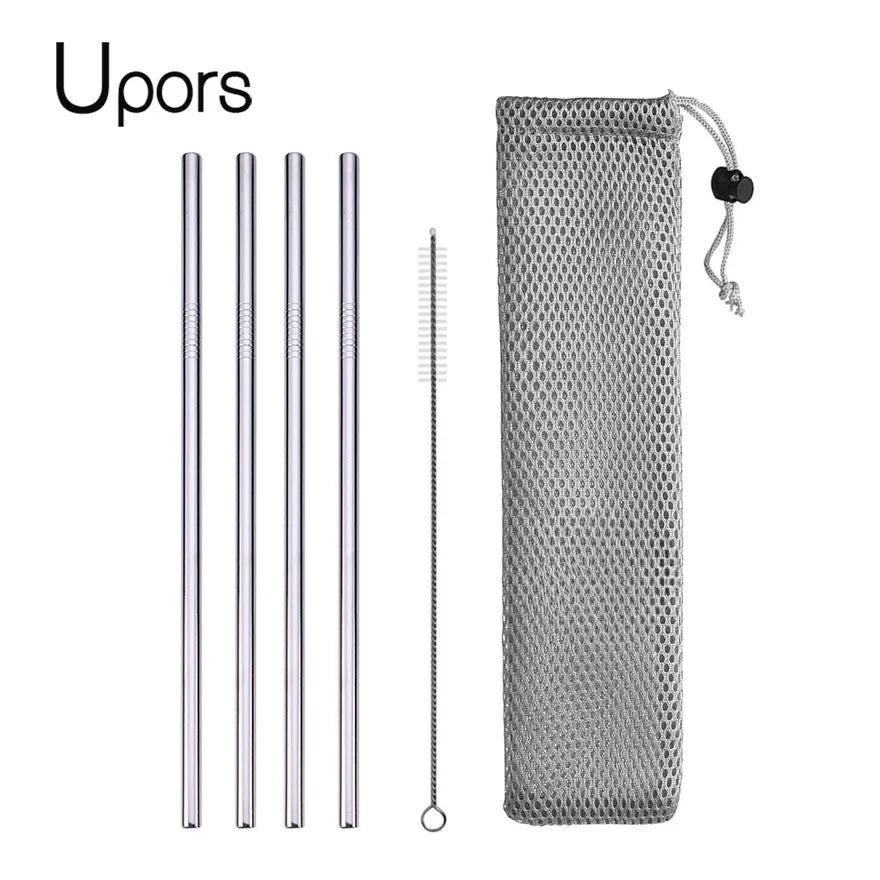 UPORS Reusable Stainless Steel Straws – Straight & Bent with Brush & Pouch