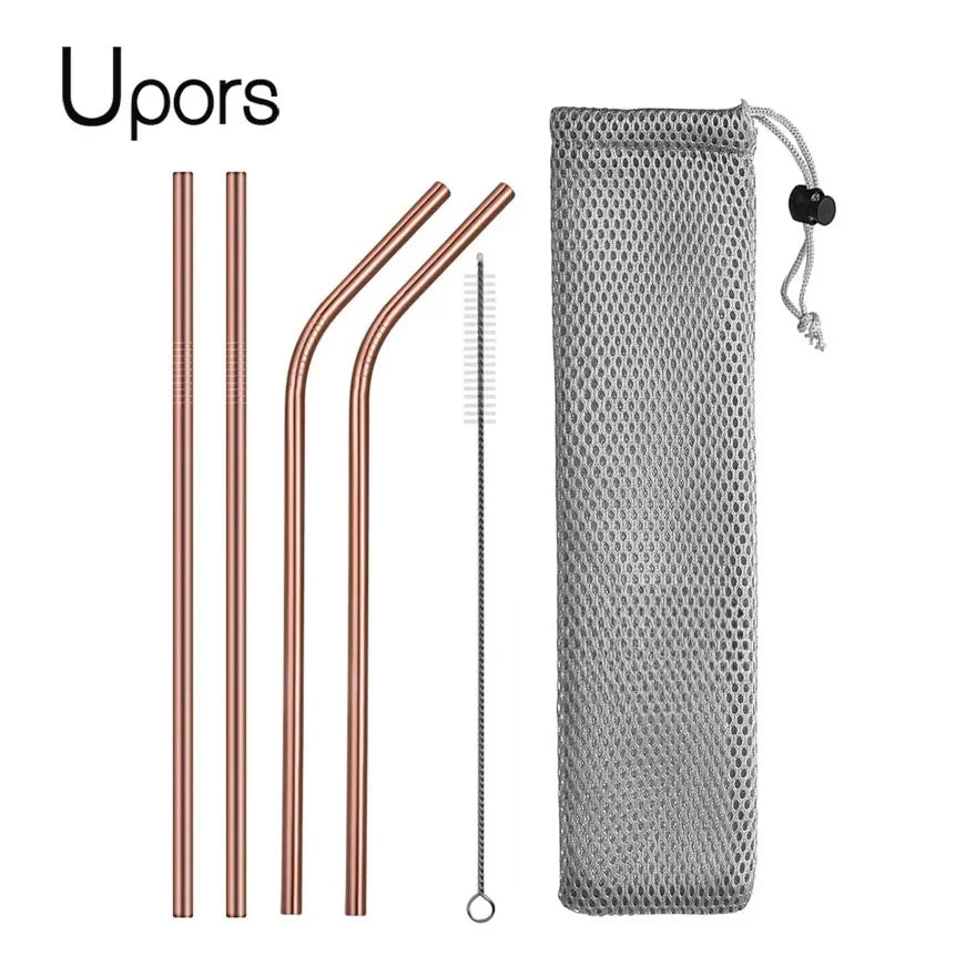 UPORS Reusable Stainless Steel Straws – Straight & Bent with Brush & Pouch