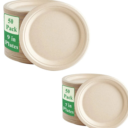 25–50 Pack Compostable Paper Plates – 9" & 7" Heavy-Duty Sugarcane Plates