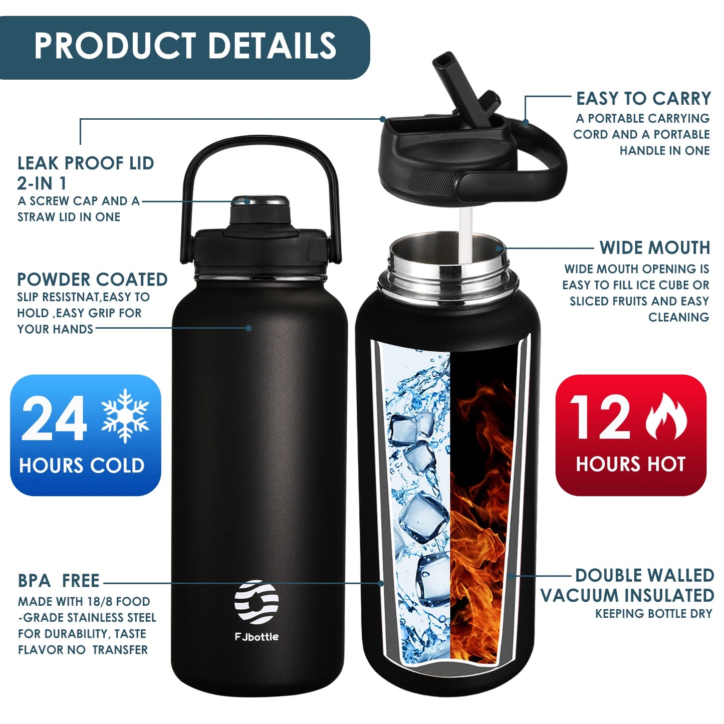FEIJIAN Stainless Steel Thermos Bottle with Straw & Handle