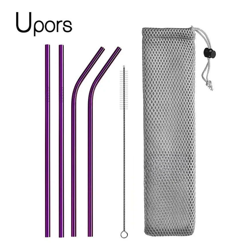 UPORS Reusable Stainless Steel Straws – Straight & Bent with Brush & Pouch