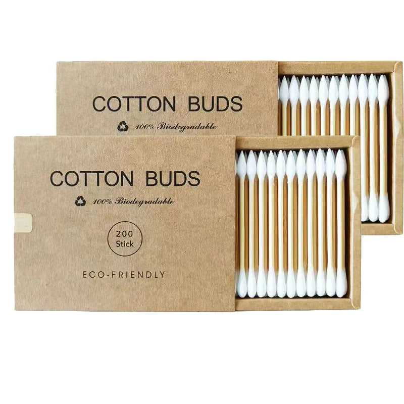 Bamboo Cotton Swabs – 2 Boxes (400 pcs) Biodegradable & Organic Double-Ended Ear Swabs