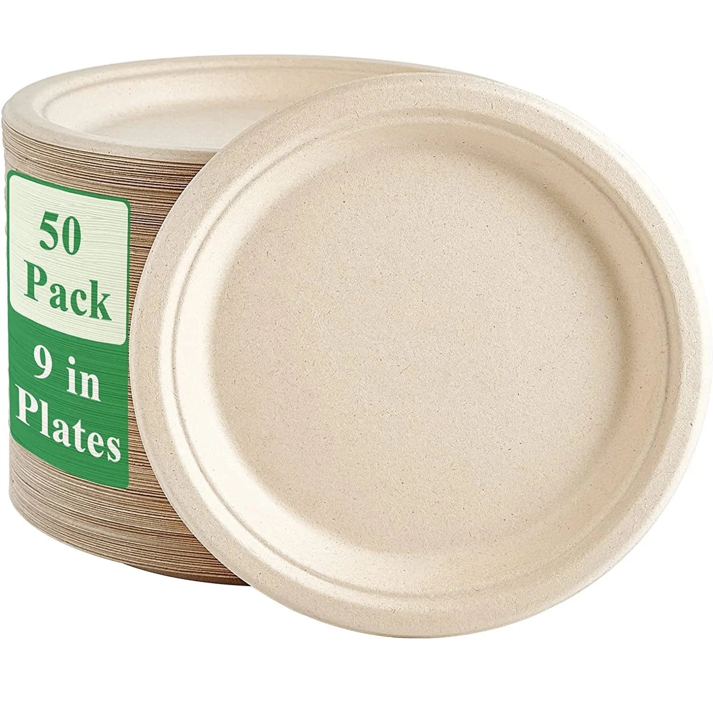25–50 Pack Compostable Paper Plates – 9" & 7" Heavy-Duty Sugarcane Plates