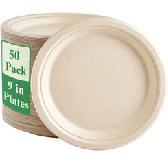 25–50 Pack Compostable Paper Plates – 9" & 7" Heavy-Duty Sugarcane Plates