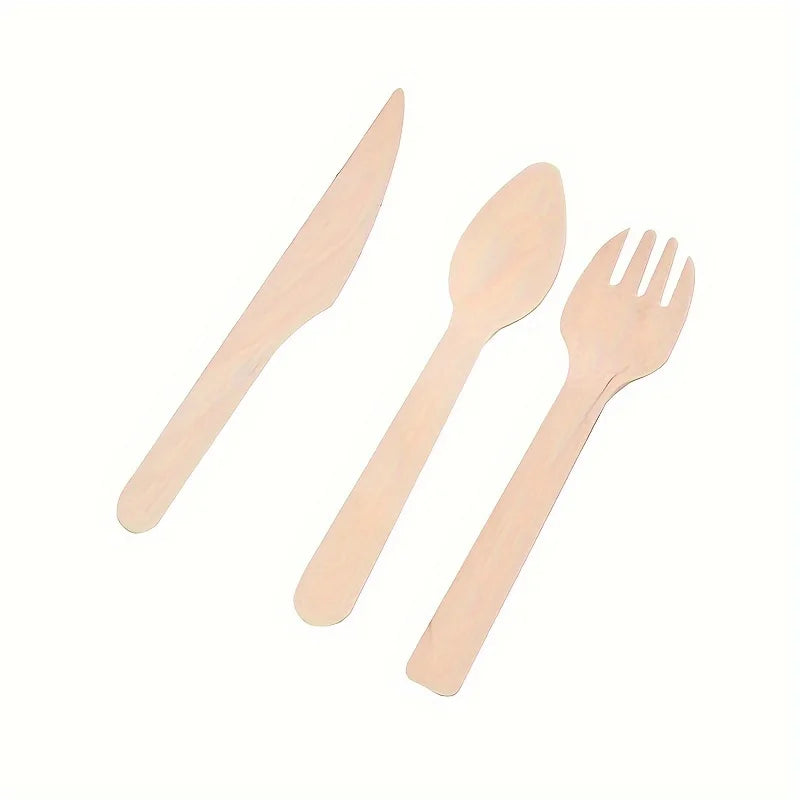 100pcs Disposable Wooden Spoons, Knives & Forks
