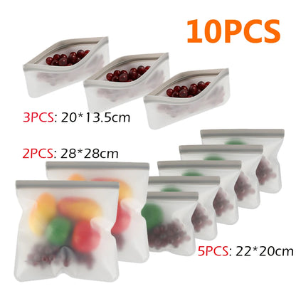 10pcs Reusable Silicone Food Storage Bags with Zip Seal
