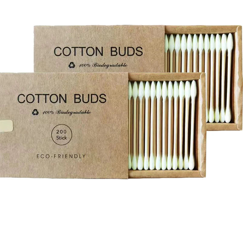 Bamboo Cotton Swabs – 2 Boxes (400 pcs) Biodegradable & Organic Double-Ended Ear Swabs