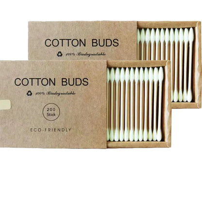 Bamboo Cotton Swabs – 2 Boxes (400 pcs) Biodegradable & Organic Double-Ended Ear Swabs