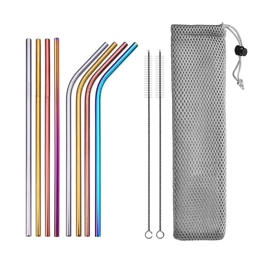 UPORS Reusable Stainless Steel Straws – Straight & Bent with Brush & Pouch