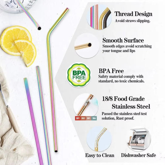 UPORS Reusable Stainless Steel Straws – Straight & Bent with Brush & Pouch