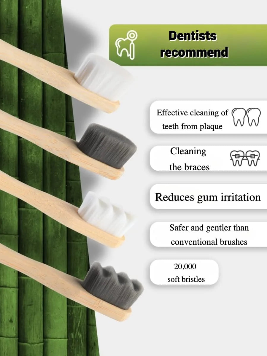 4-Pack Bamboo Toothbrush – Biodegradable with 20,000 Micro-Nano Soft Bristles