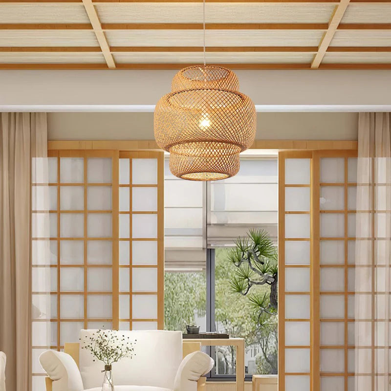 Bamboo Rattan Pendant Light – Handwoven Hanging Ceiling Lamp