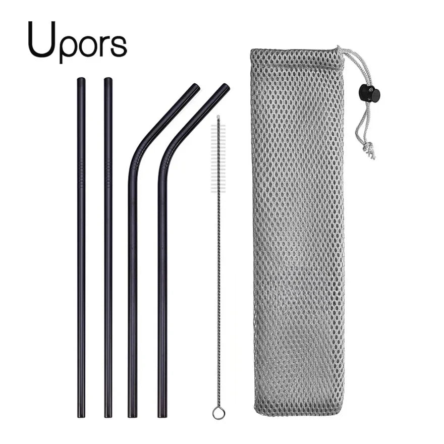 UPORS Reusable Stainless Steel Straws – Straight & Bent with Brush & Pouch