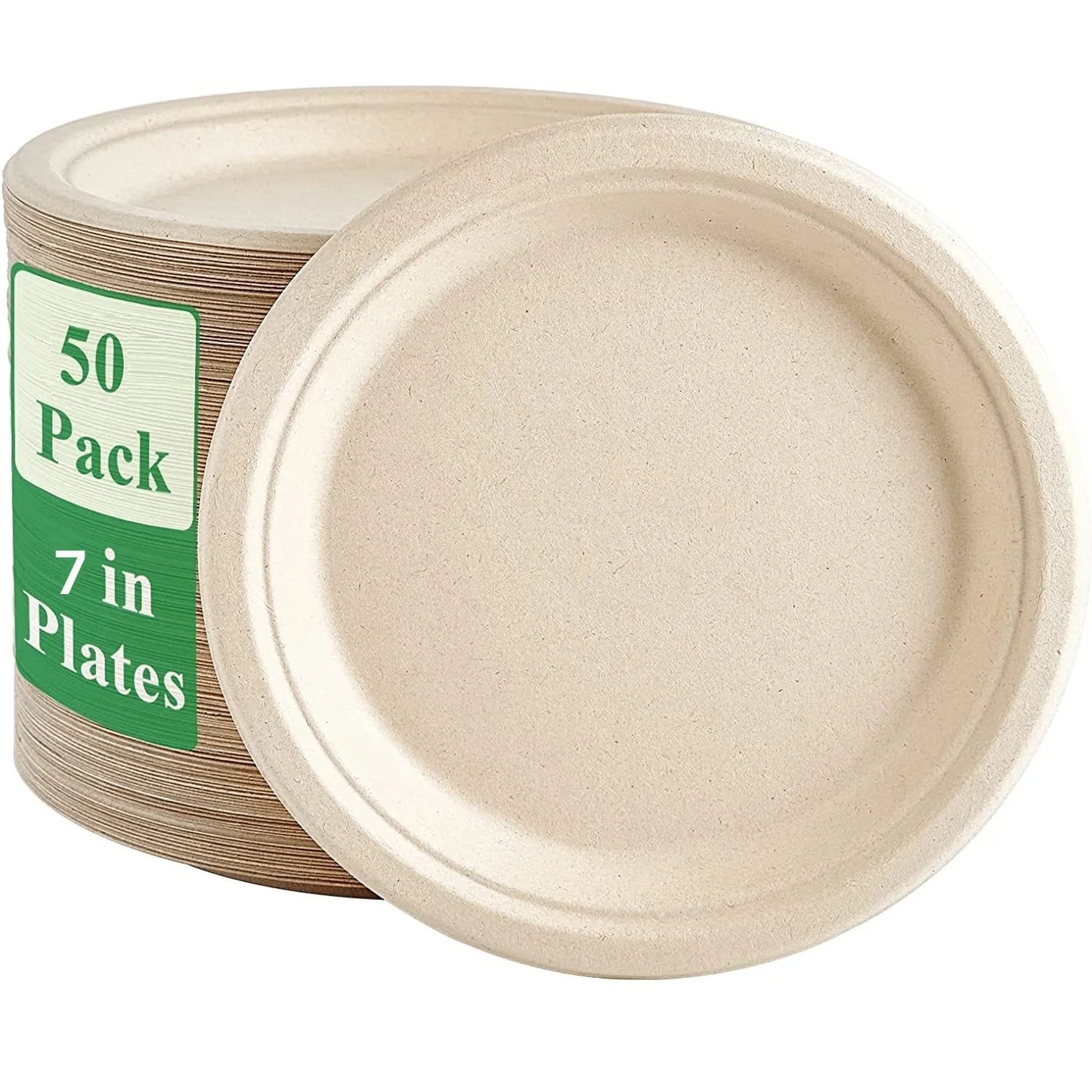 25–50 Pack Compostable Paper Plates – 9" & 7" Heavy-Duty Sugarcane Plates