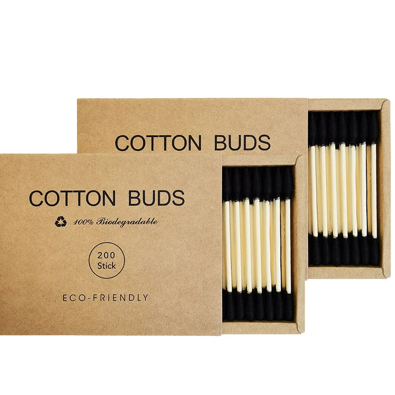 Bamboo Cotton Swabs – 2 Boxes (400 pcs) Biodegradable & Organic Double-Ended Ear Swabs