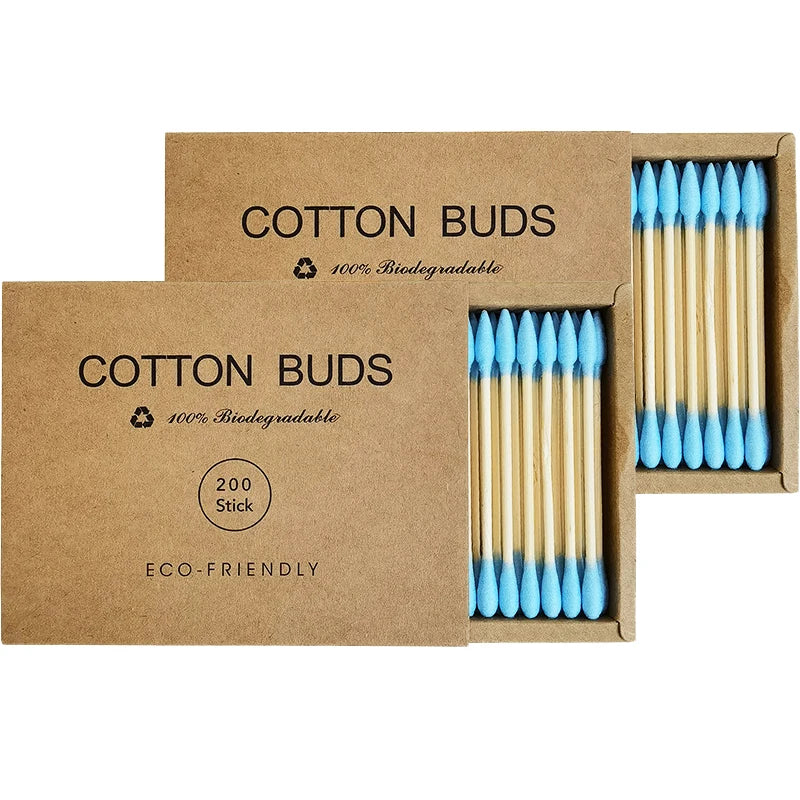 Bamboo Cotton Swabs – 2 Boxes (400 pcs) Biodegradable & Organic Double-Ended Ear Swabs