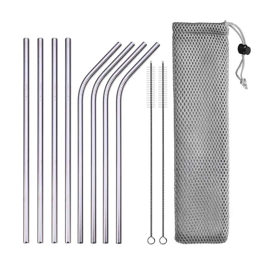 UPORS Reusable Stainless Steel Straws – Straight & Bent with Brush & Pouch
