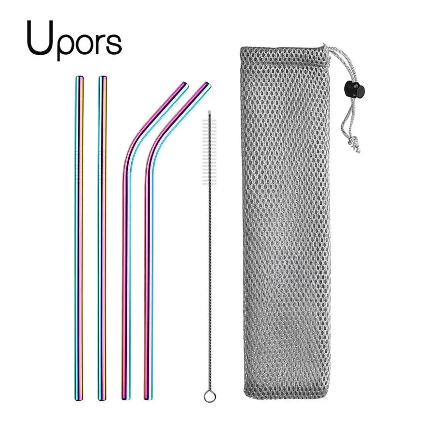 UPORS Reusable Stainless Steel Straws – Straight & Bent with Brush & Pouch