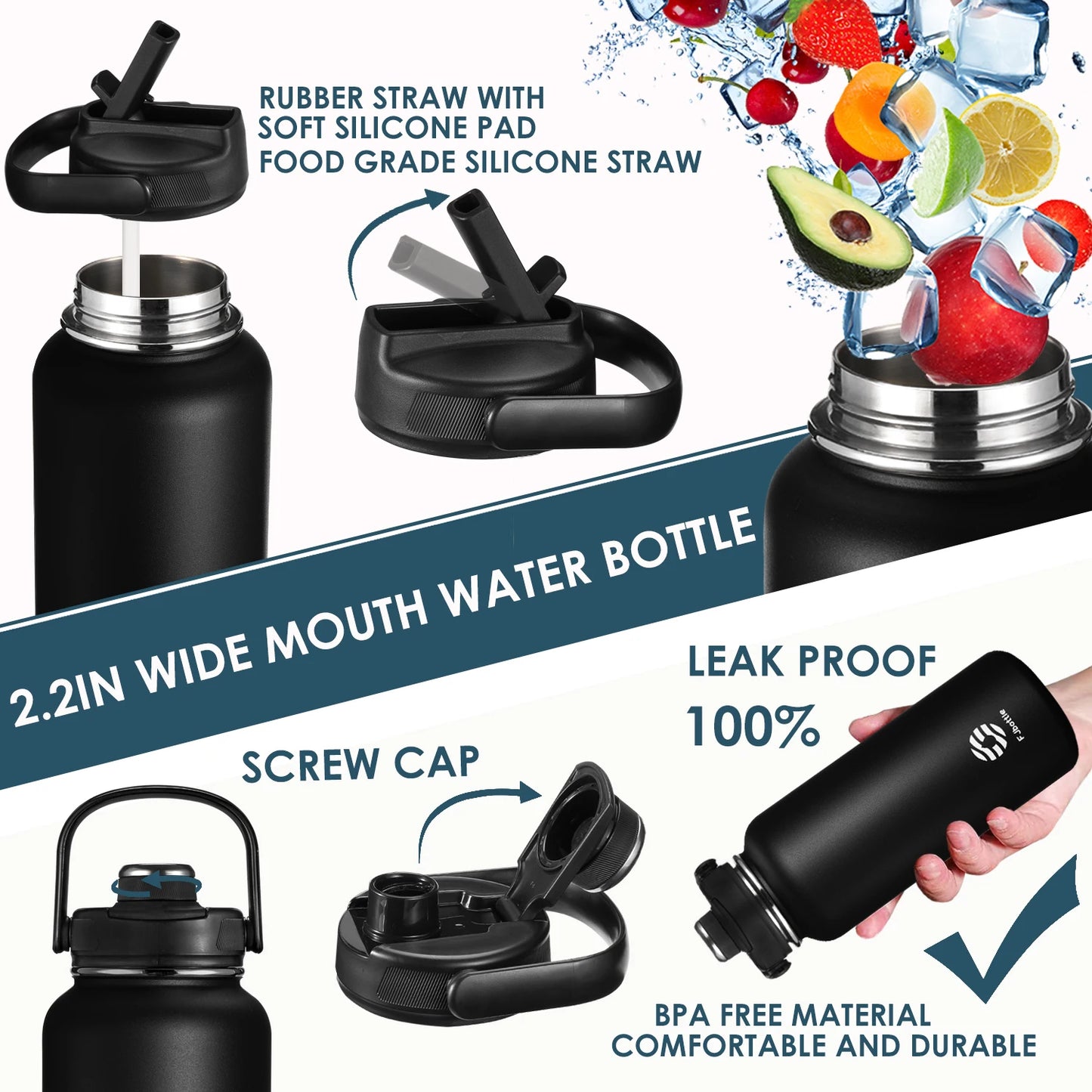 FEIJIAN Stainless Steel Thermos Bottle with Straw & Handle